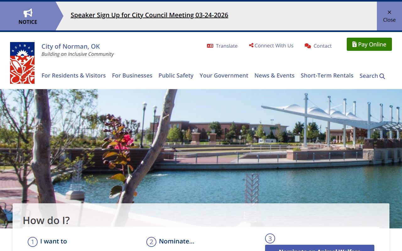 Norman city website showing residents directory and public records resources