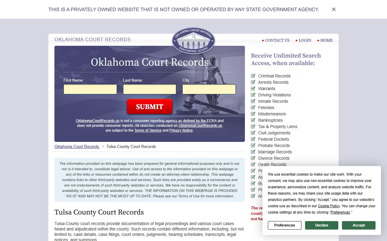 Tulsa County residents directory court records search page